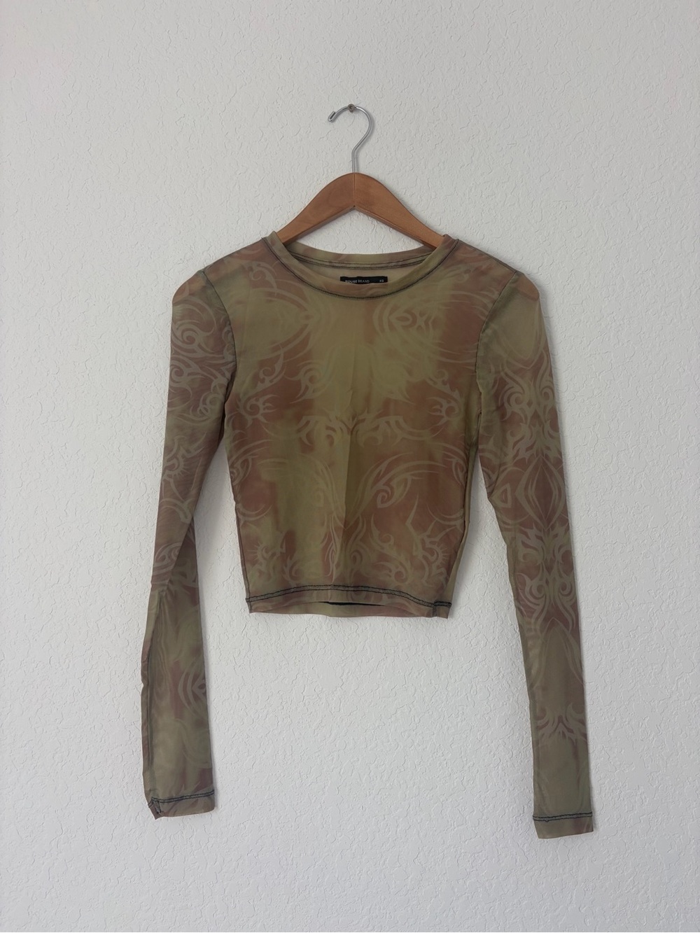 House Brand XS Sheer Long-Sleeve Crop Top in Olive Green